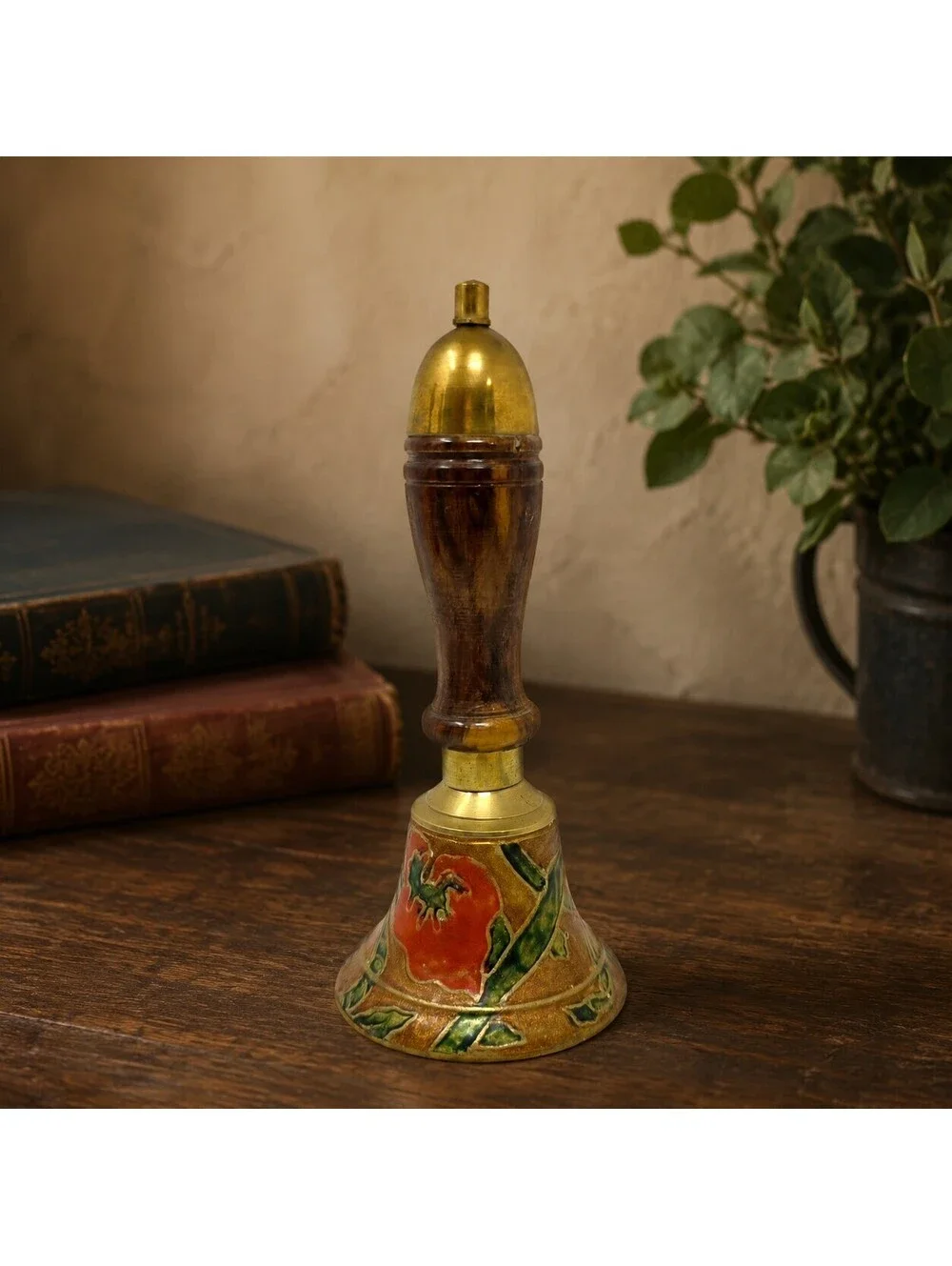 Vintage Enesco Brass Enamel Floral Hand Bell Wood Handle Made in India